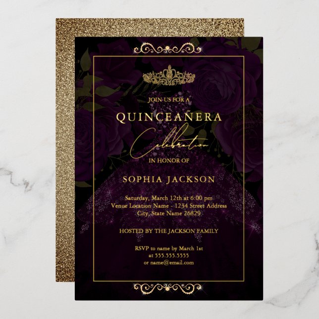 Purple Gold Rose Dress Quinceanera Foil Invitation (Front/Back)