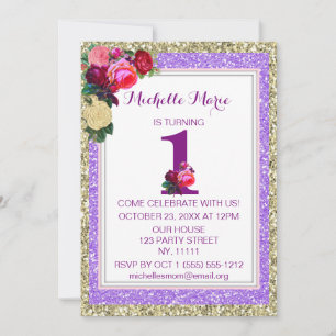 Purple Gold Rose Faux Glitter First Birthday Invitation