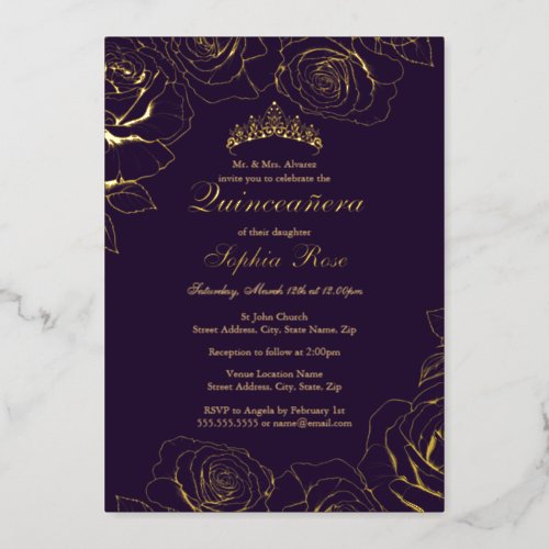 Purple Gold Rose Garden Quinceanera  Foil Invitation