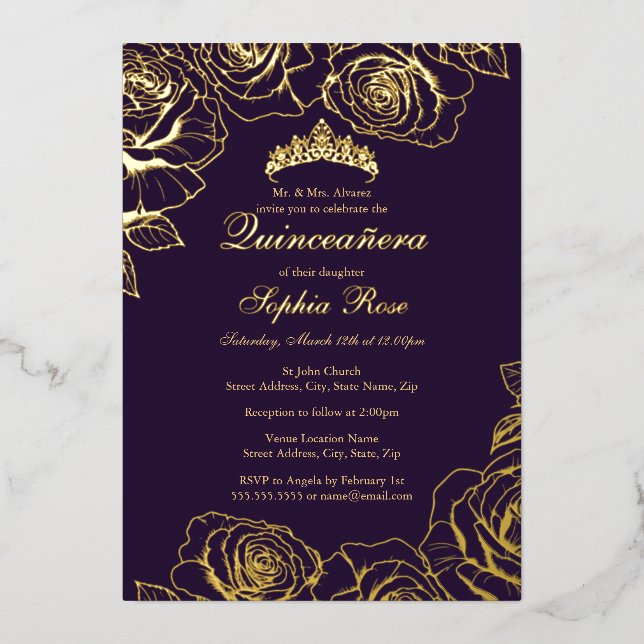 Purple Gold Rose Garden Quinceanera  Foil Invitation (Front)