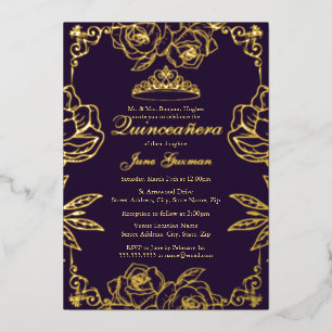 Purple Gold Rose Garden Quinceanera Foil Invitation