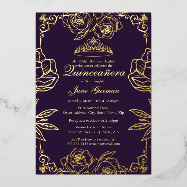 Purple Gold Rose Garden Quinceanera Foil Invitation (Front)