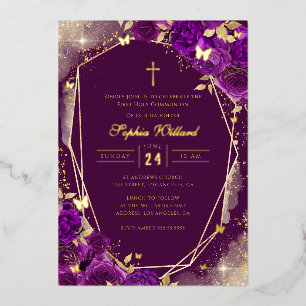 Purple Gold Rose Girls First Communion Foil Invitation
