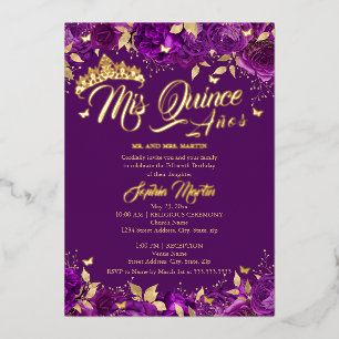 Purple Gold Rose Mis Quince Quinceanera Foil Invitation
