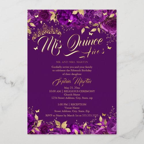 Purple Gold Rose Mis Quince Quinceanera  Foil Invitation