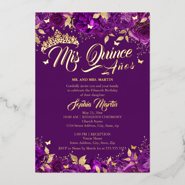 Purple Gold Rose Mis Quince Quinceanera  Foil Invitation (Front)