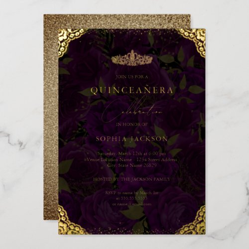 Purple Gold Rose Tiara Quinceanera  Foil Invitation