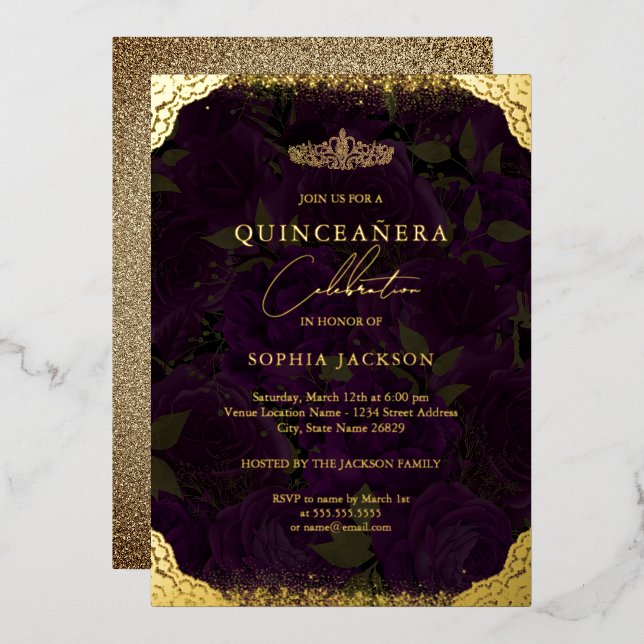 Purple Gold Rose Tiara Quinceanera  Foil Invitation (Front/Back)