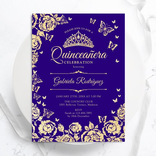 Purple Gold Roses Butterflies Quinceanera Invitation