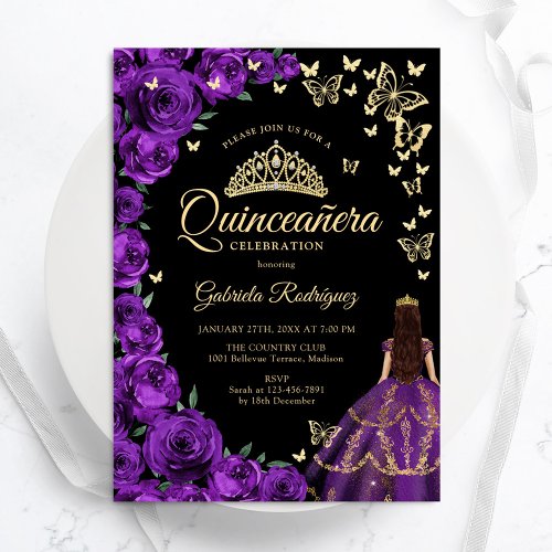Purple Gold Roses Butterflies Quinceanera Invitation