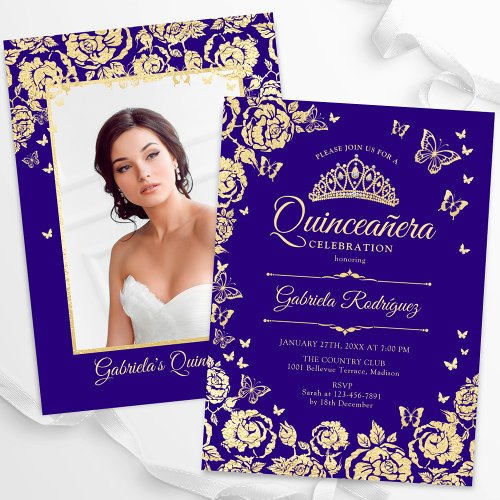 Purple Gold Roses Butterflies Quinceanera Photo Invitation