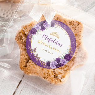 Purple Gold Roses Quinceanera Birthday Favors Classic Round Sticker