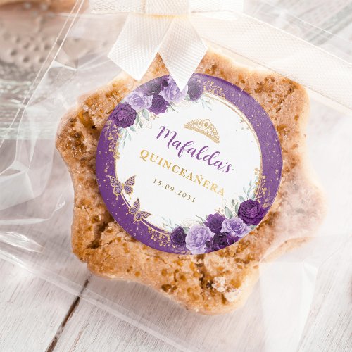 Purple Gold Roses Quinceanera Birthday Favors Classic Round Sticker