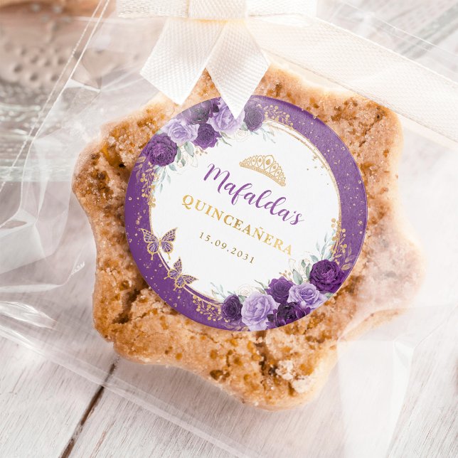 Purple Gold Roses Quinceanera Birthday Favors Classic Round Sticker (Creator Uploaded)