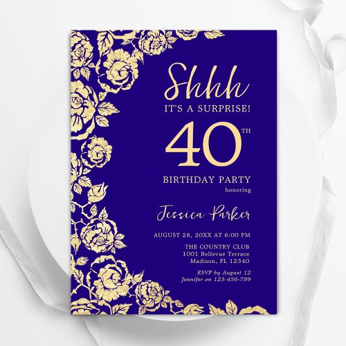 Purple Gold Roses Surprise 40th Birthday Invitation