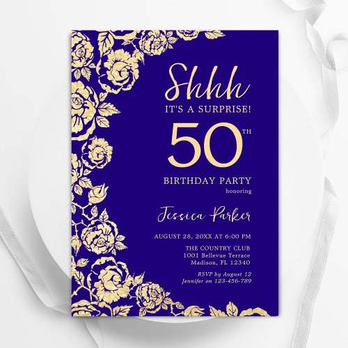 Purple Gold Roses Surprise 50th Birthday Invitation