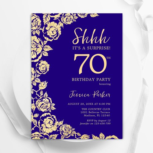 Purple Gold Roses Surprise 70th Birthday Invitation