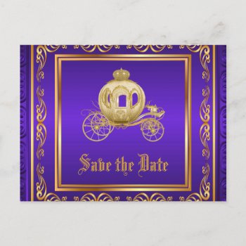 Purple Gold Royal Carriage Save The Date Announcement Postcard by decembermorning at Zazzle