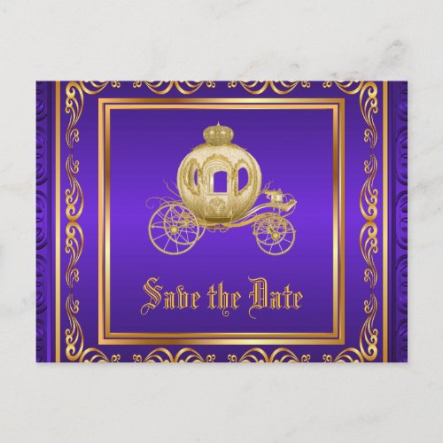 Purple Gold Royal Carriage Save the Date Announcement Postcard