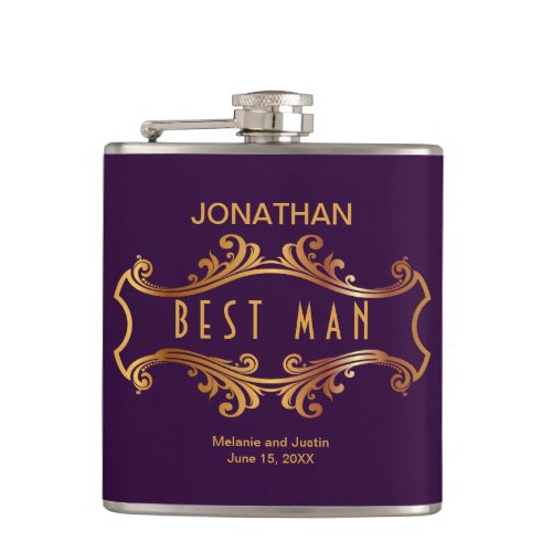 Purple Gold Royal Crest Frame Best Man Favor Flask