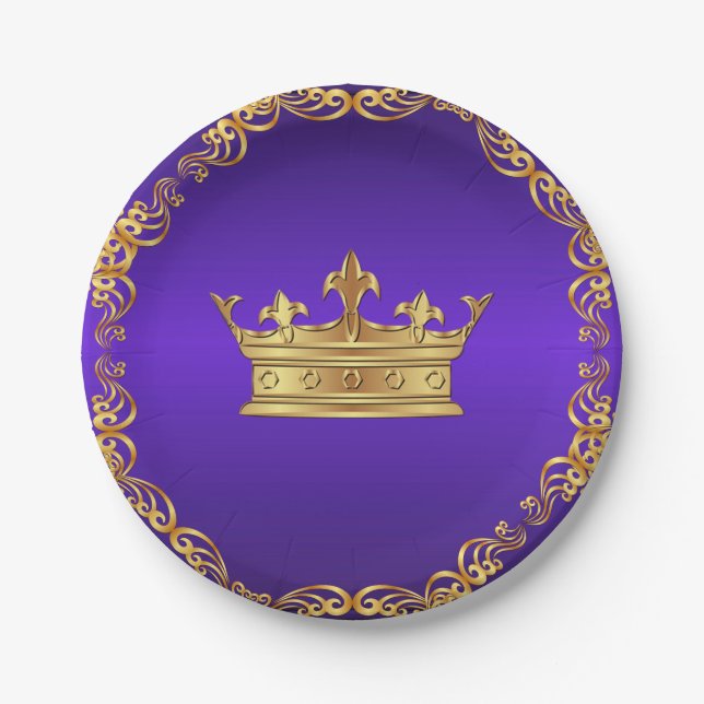 Purple Gold Royal Crown Paper Plates (Front)