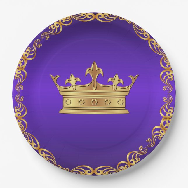 Purple Gold Royal Crown Paper Plates (Front)