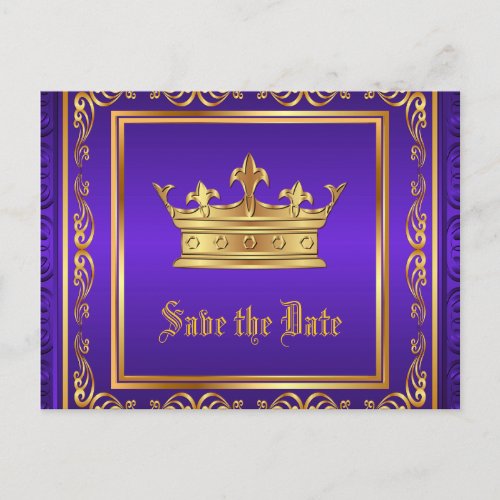 Purple Gold Royal Crown Save the Date Announcement Postcard