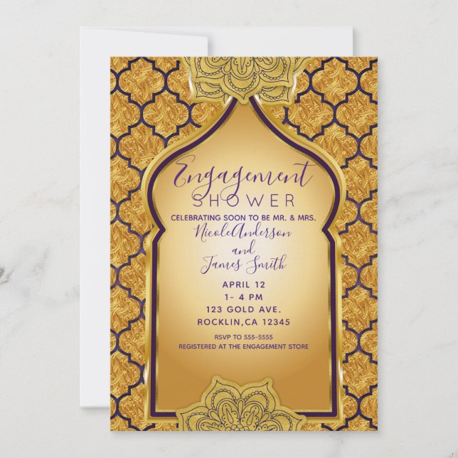 Purple Gold Royal Indian Arabian Engagement Shower Invitation (Front)