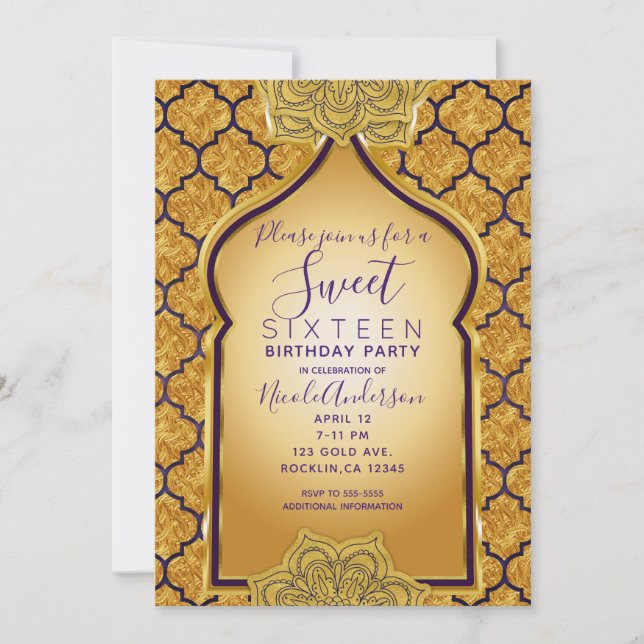 Purple & Gold Royal Indian Arabian Sweet 16 Party Invitation (Front)
