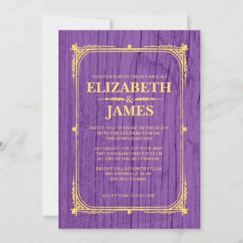 Purple &amp; Gold Rustic Barn Wood Wedding Invitations