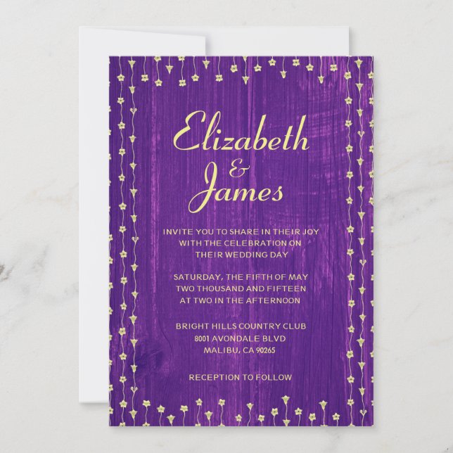 Purple & Gold Rustic Barn Wood Wedding Invitations (Front)
