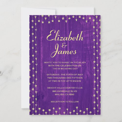 Purple &amp; Gold Rustic Barn Wood Wedding Invitations