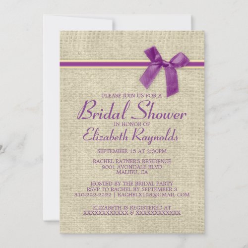 Purple Gold Rustic Burlap Bridal Shower Invitation