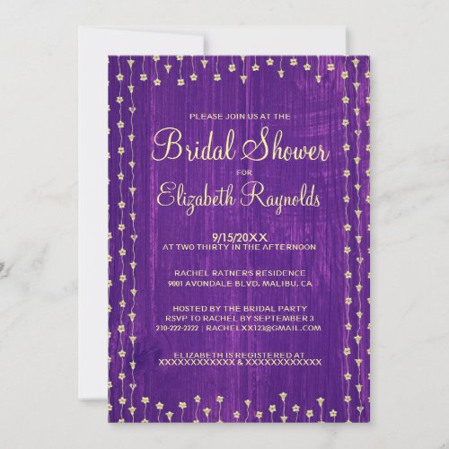 Purple Gold Rustic Country Bridal Shower Invites