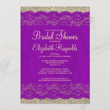 Purple Gold Rustic Lace Bridal Shower Invitations by topinvitations at Zazzle