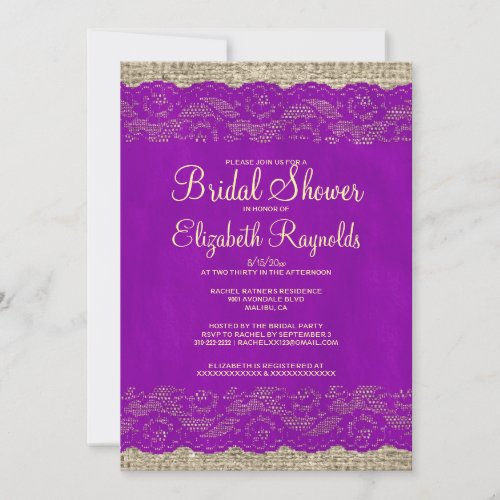 Purple Gold Rustic Lace Bridal Shower Invitations