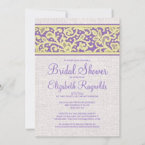 Purple Gold Rustic Linen Bridal Shower Invitations