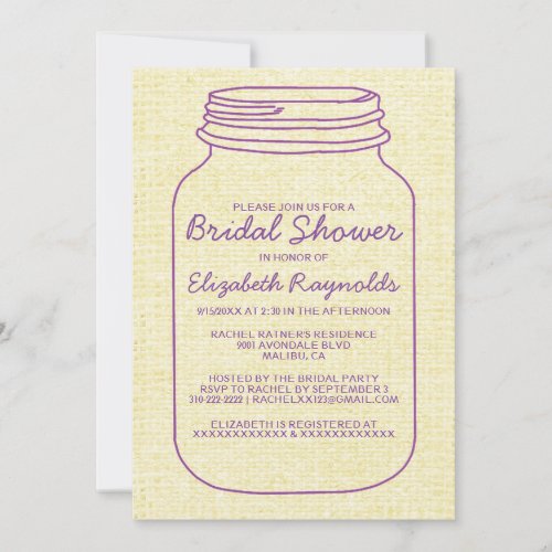 Purple Gold Rustic Mason Jar Bridal Shower Invites