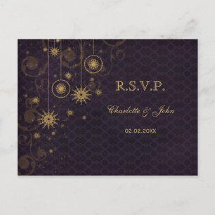 purple gold rustic Snowflakes Winter wedding RSVP Invitation Postcard