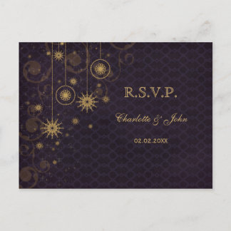 purple gold rustic Snowflakes Winter wedding RSVP Invitation Postcard