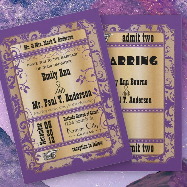 Purple Gold Rustic Vintage Ticket Wedding Invitation (Creator Uploaded)
