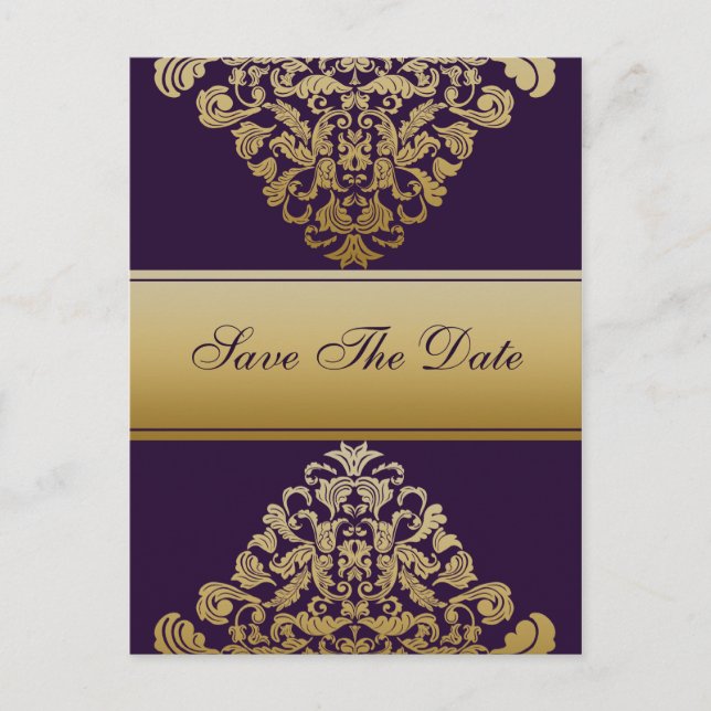 purple gold save the date announcement postcard (Front)