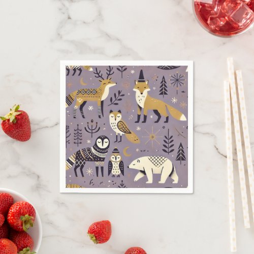 Purple &amp; Gold Scandinavian Animals Decoupage Napkins