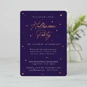 Purple + Gold Scattered Stars Halloween Party Foil Invitation