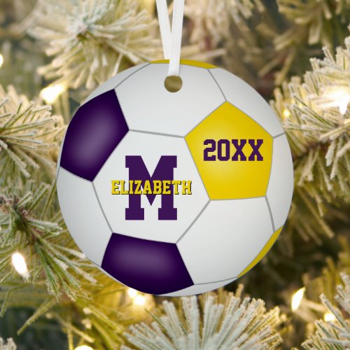 purple gold school club colors keepsake soccer metal ornament