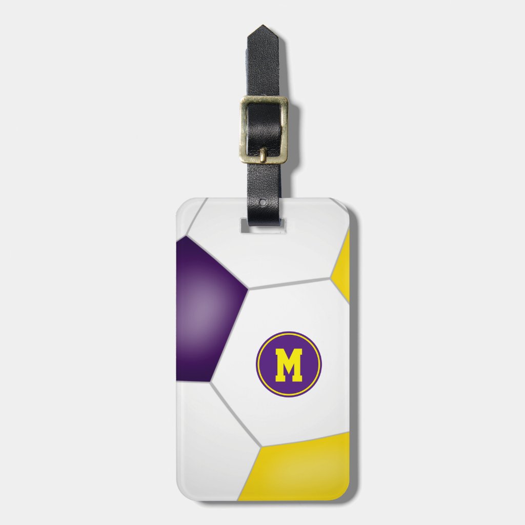 purple gold school club team colors soccer bag ID luggage tag