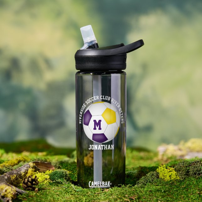 purple gold school club team player name soccer  water bottle (Outdoor)