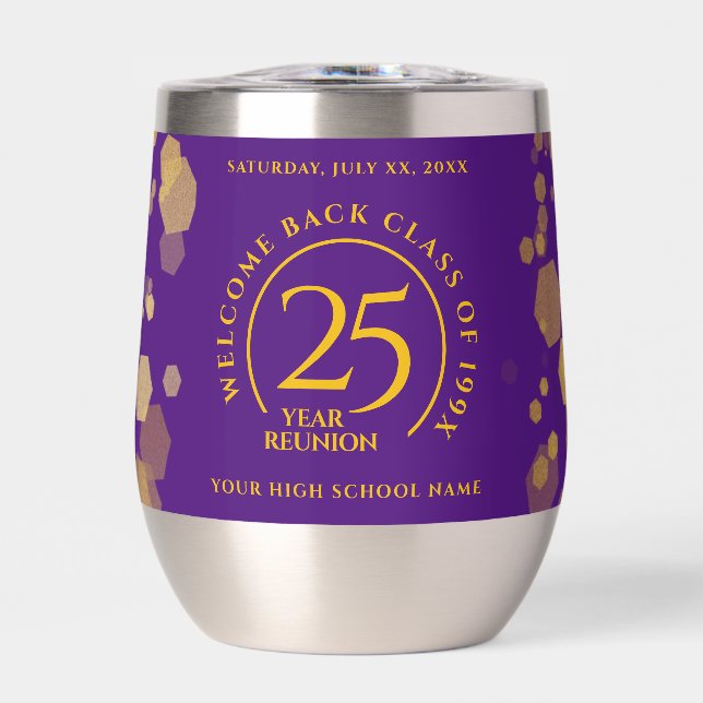 Purple & Gold School College Class Reunion Thermal Wine Tumbler (Front)