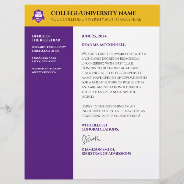 Purple Gold School College University Letterhead (Front)