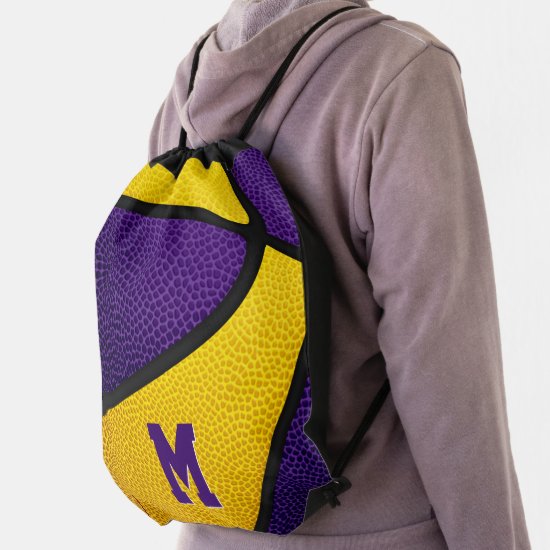 purple gold school colors boys girls basketball drawstring bag